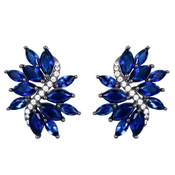 BijouStudios Earrings Jewelry - Carbon Black with Blue Sapphire and White Diamond CZ Floral Leaf Post Earrings